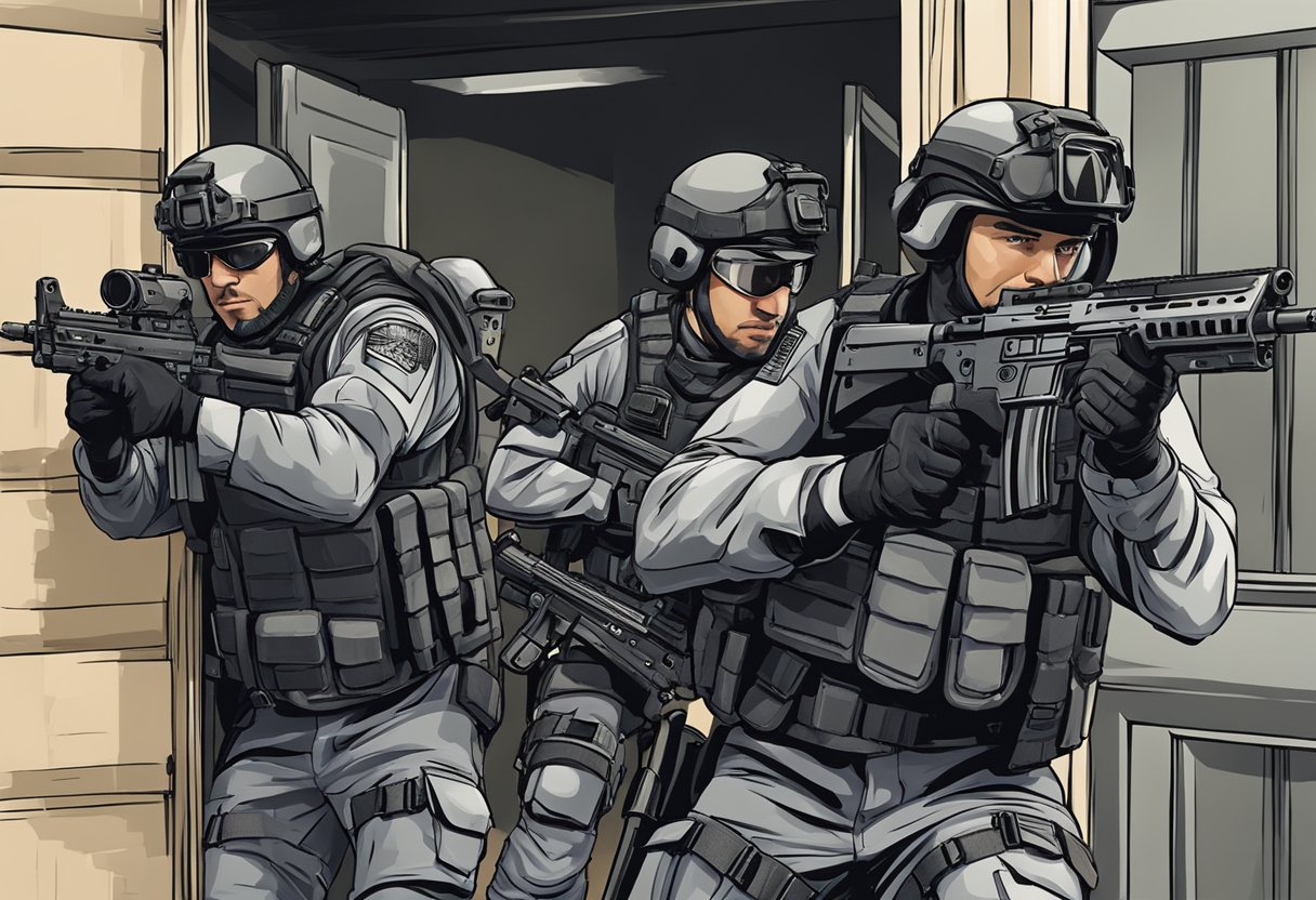 Chris on SWAT: Tactical gear, breaching a door, surrounded by team, intense focus