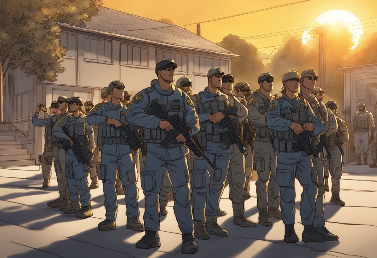 Chris on SWAT takes his final bow, standing tall and proud. The team surrounds him, saluting their brave leader. The sun sets behind them, casting a golden glow over the scene