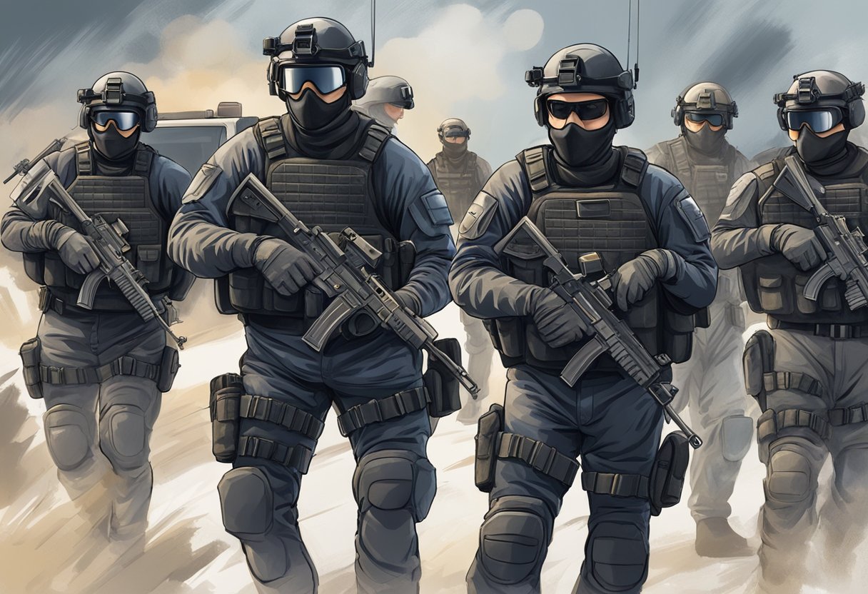 A SWAT team member in action, surrounded by tactical gear and weaponry, facing a high-stakes situation