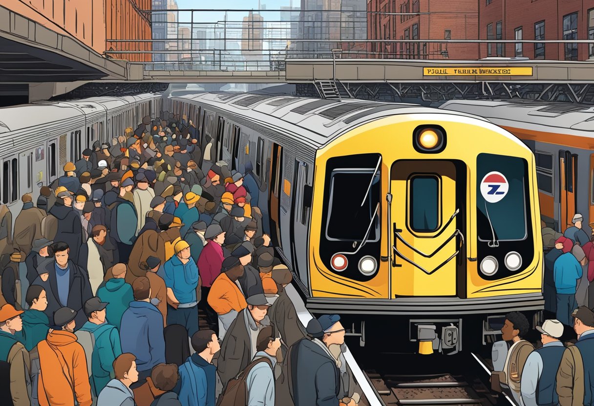 The 7 train sits idle on the tracks, surrounded by a crowd of frustrated commuters. Maintenance workers inspect the train, trying to identify the issue