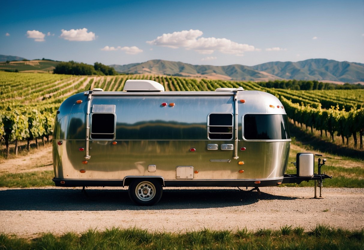 Roulotte Airstream parcheggiata in una pittoresca campagna italiana, circondata da colline ondulate e vigneti, con un cielo azzurro limpido sopra.