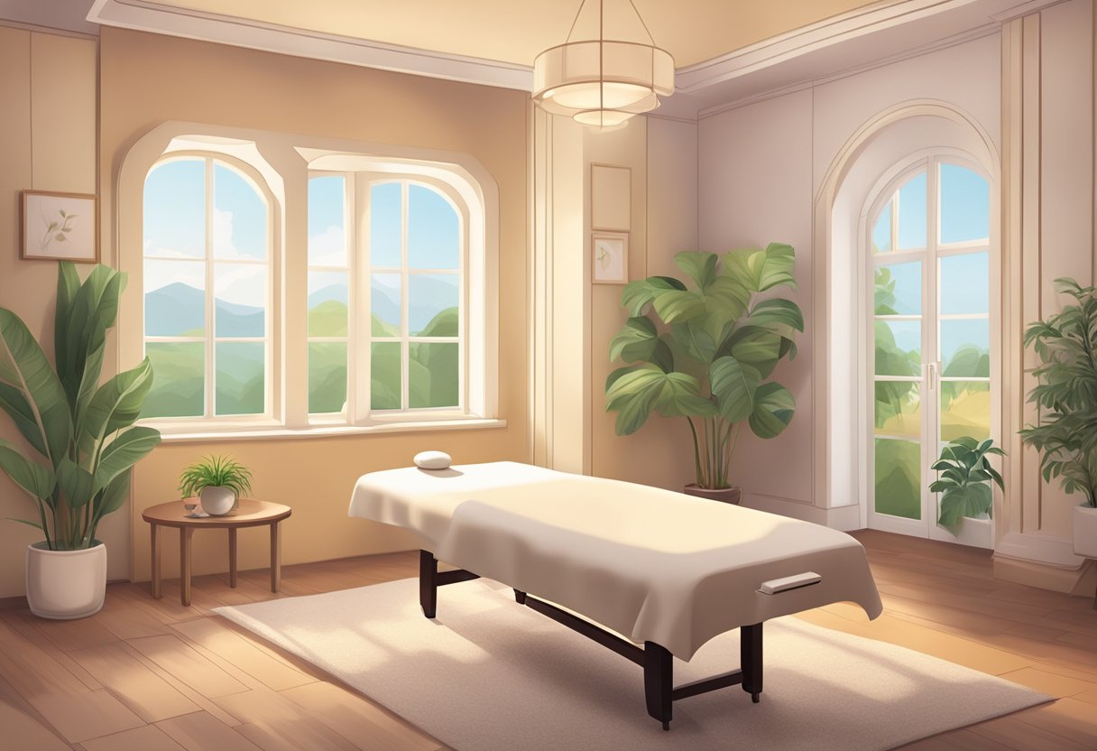 A serene room with soft lighting and a massage table. A calm and relaxed atmosphere with soothing music playing in the background