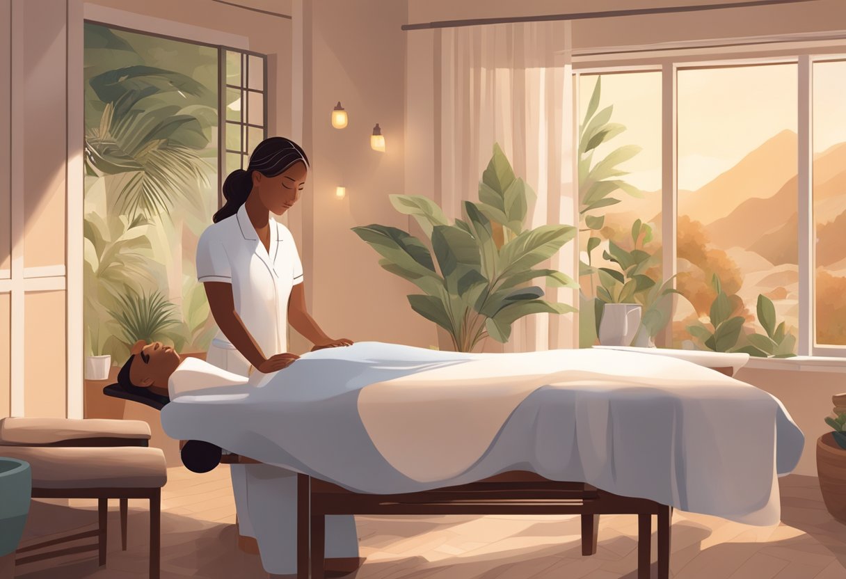 A serene setting with a massage table, soft lighting, and calming decor. A person receiving a massage with a peaceful expression on their face