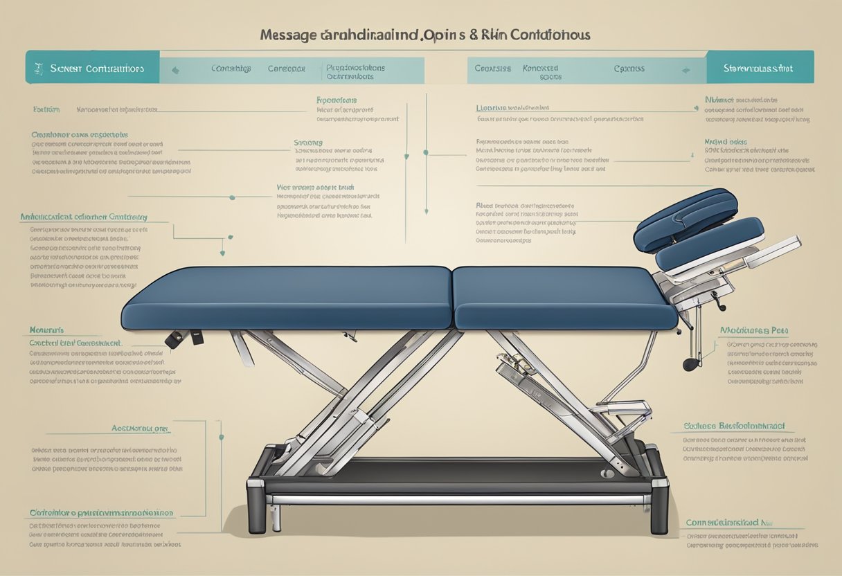 A massage table with a sign listing contraindications, such as open wounds, severe pain, and contagious skin conditions