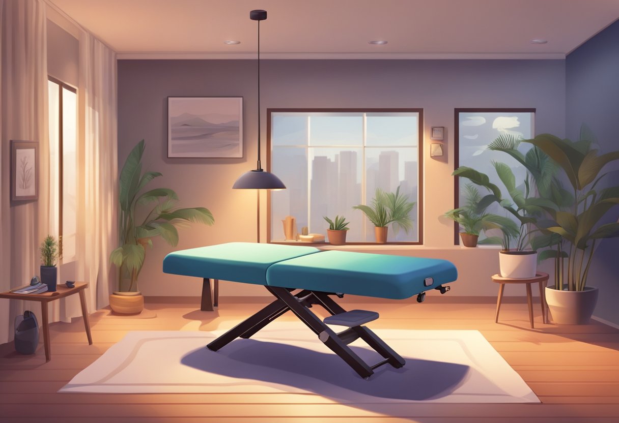 A massage table with sports equipment nearby, a therapist's hands applying pressure, a relaxed atmosphere with soothing music and dim lighting