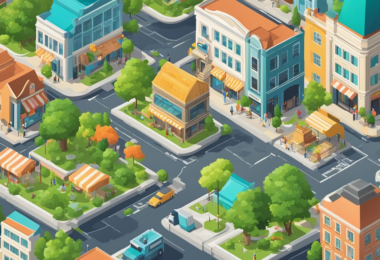 A bustling town center, with shops and cafes lining the street. Colorful buildings and greenery create a vibrant and inviting atmosphere