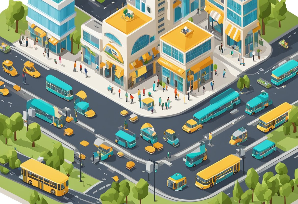 A bustling town center with buses and cars, surrounded by shops and cafes, and connected by roads and walkways