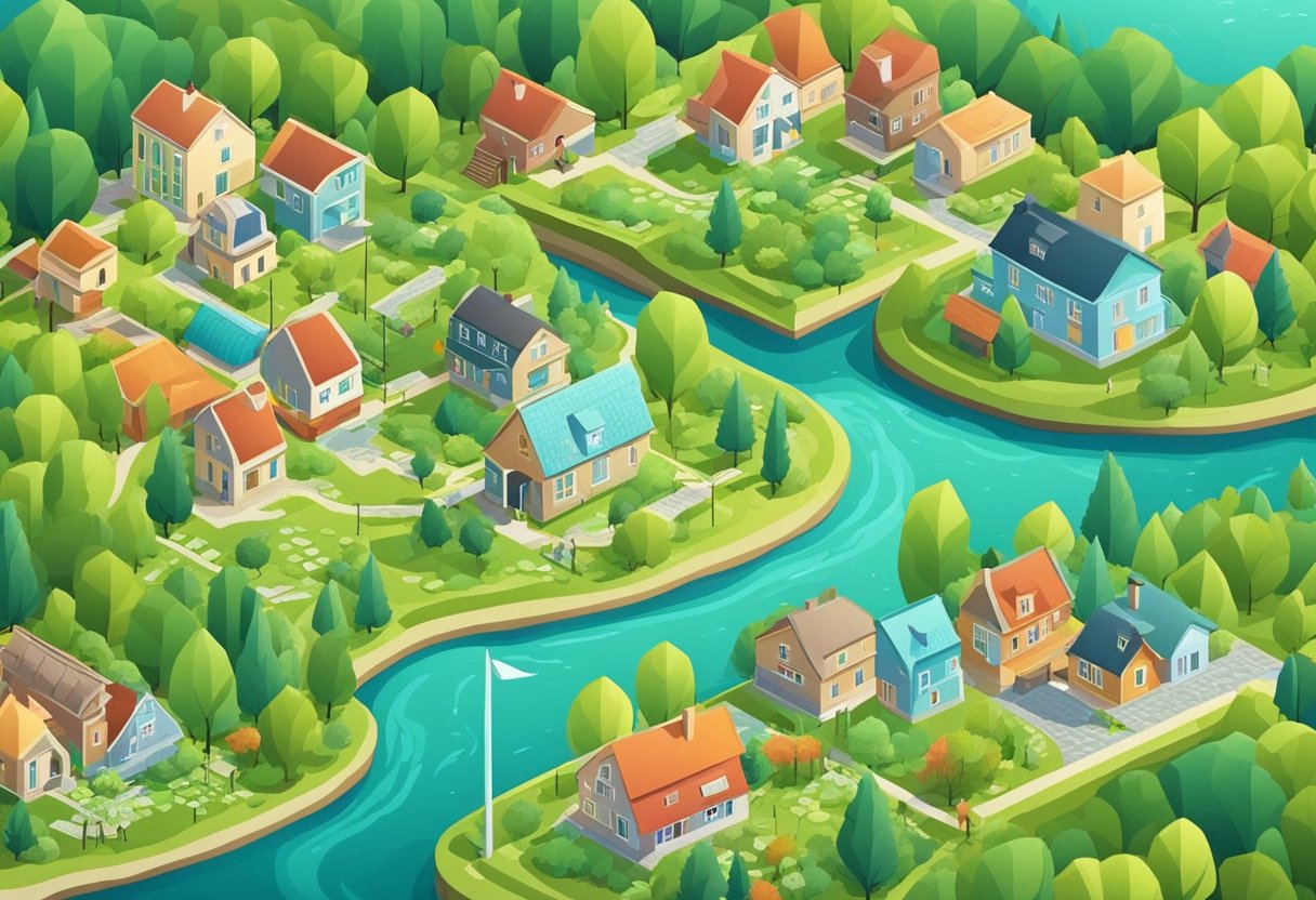 A peaceful town with green parks, a river, and cozy homes