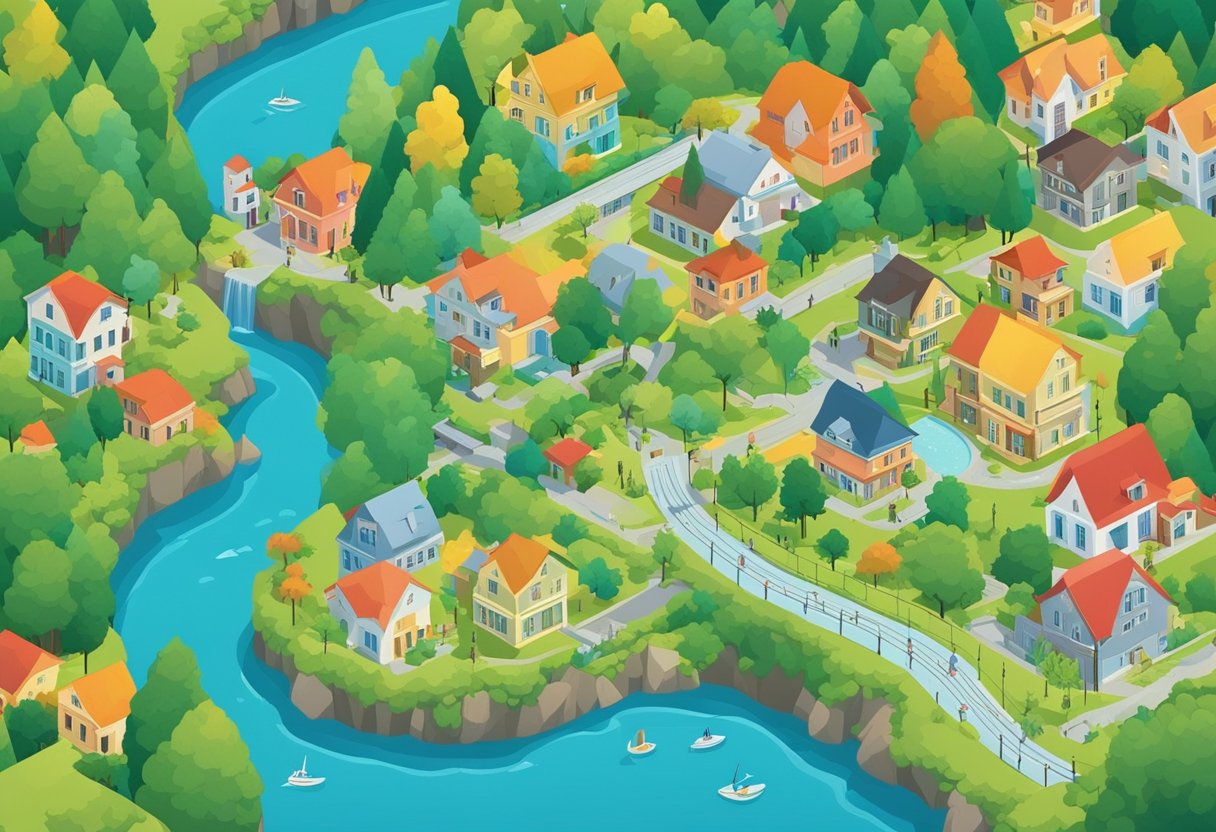 A peaceful town with colorful buildings and lush greenery, nestled in a scenic valley with a clear blue river running through it
