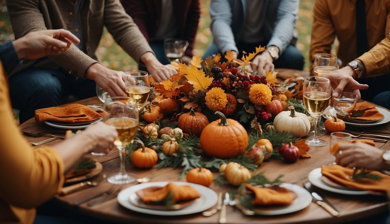 A group of men in vibrant, patterned outfits gather around a table adorned with fall foliage and festive decor, exuding a sense of celebration and gratitude Thanksgiving Outfits for Men (2)