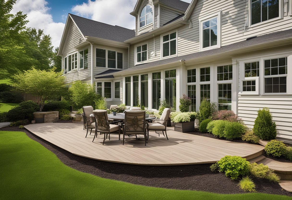 A suburban house with a new deck, sunroom, and garage addition. Lush landscaping and outdoor furniture complete the scene