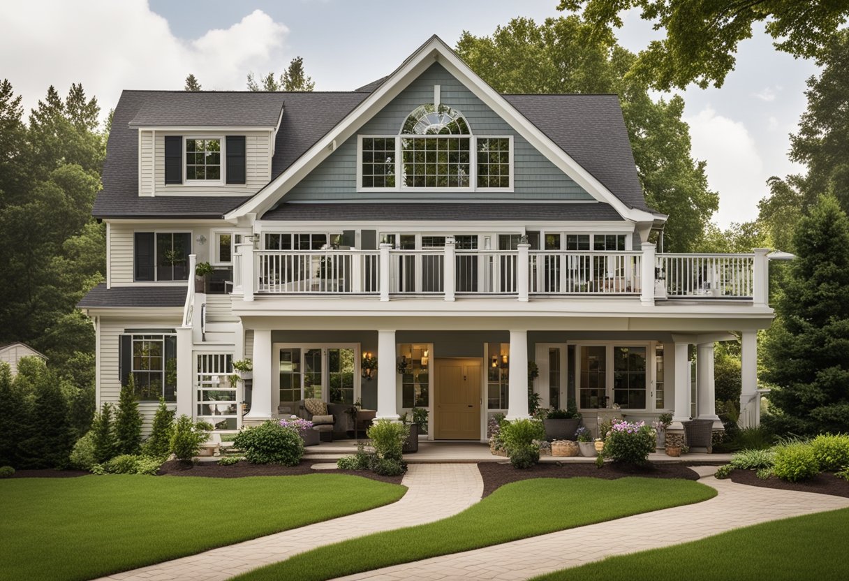 A suburban home with various additions: a sunroom, a garage, and a second-story extension. Each addition has its own unique design and features