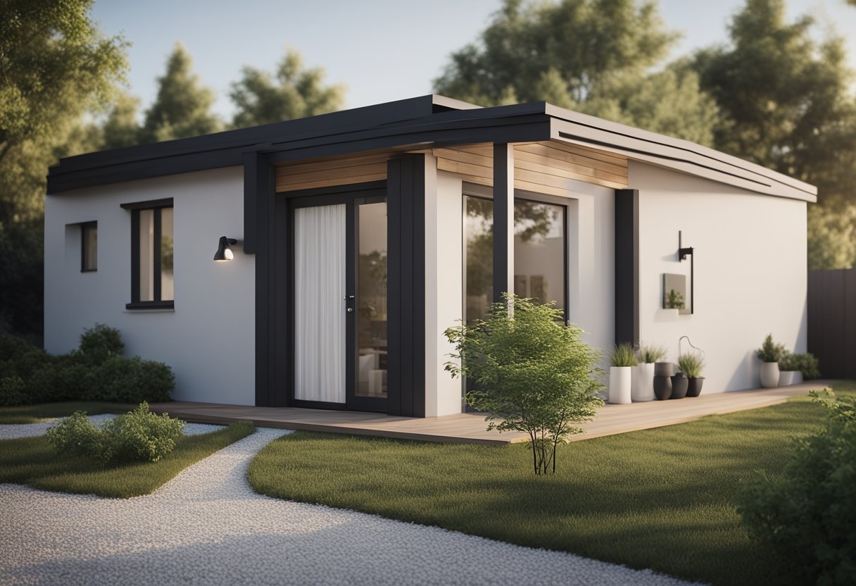 A small, simple home with a blank wall ready for an affordable addition. The surrounding area is tidy and spacious, with potential for expansion