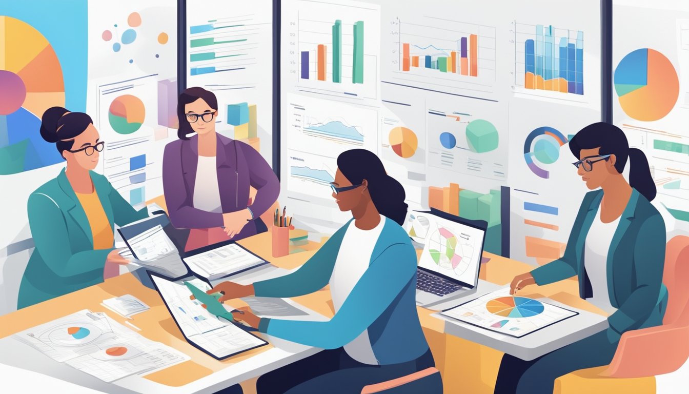 A team of professionals collaborates on a project, using charts and diagrams to plan and organize tasks