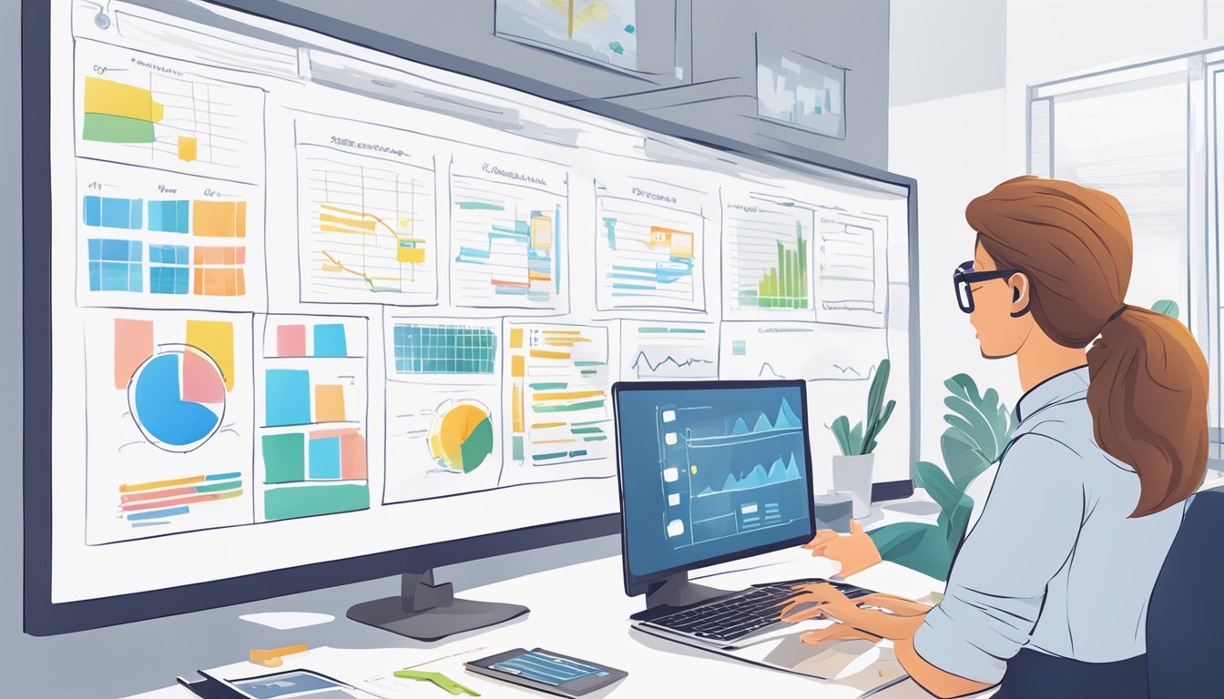 A project manager at a desk, organizing tasks and timelines on a whiteboard, with team members collaborating and brainstorming ideas
