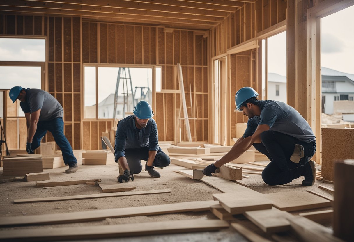 A new room being built onto a house, with workers hammering and sawing, and materials like wood and nails scattered around