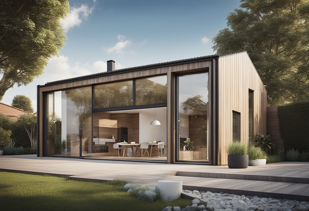 A house with a new wing or extension, seamlessly integrated into the existing structure, with matching materials and design elements