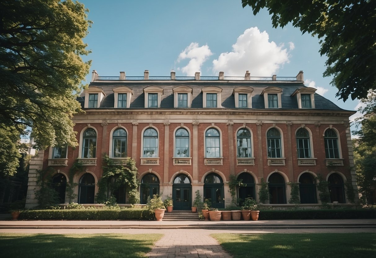 A historic building with ENACT signage, surrounded by lush greenery and a clear blue sky