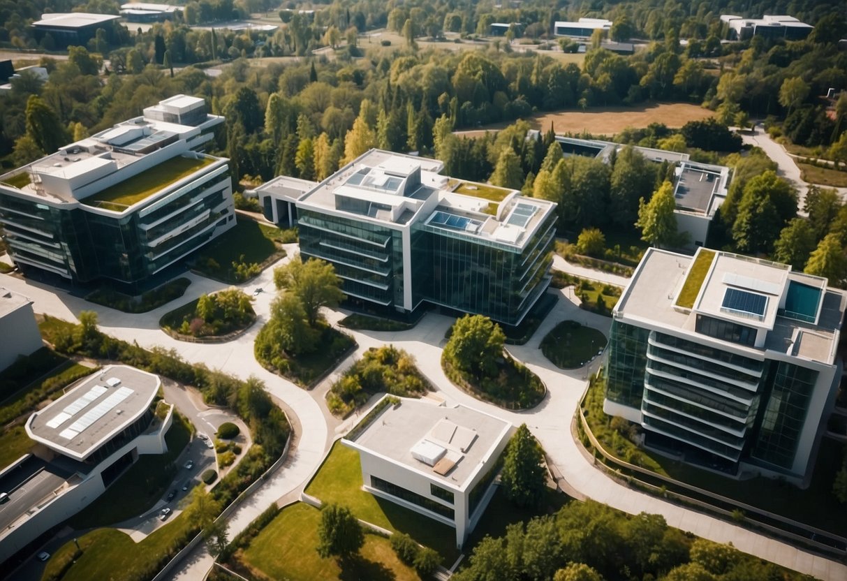 Aerial view of ENACT campus with modern buildings and interconnected pathways. Symbolic logo displayed on the main entrance. Vibrant greenery surrounds the area