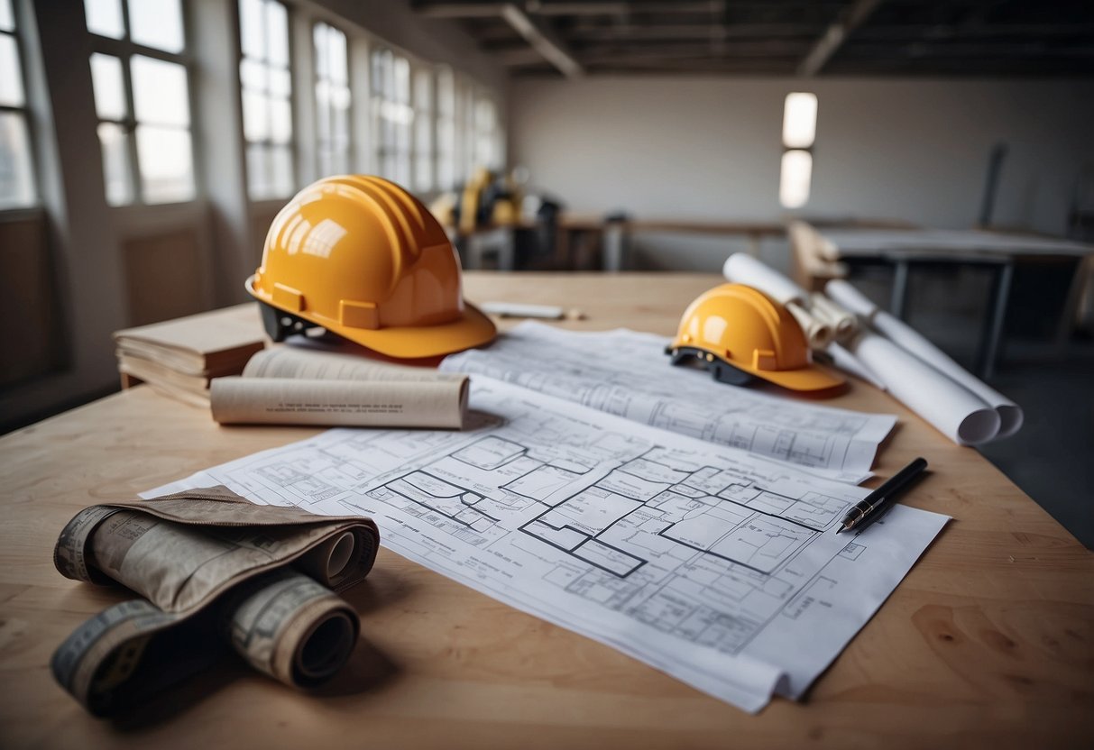 A construction site with architectural plans and public procurement documents scattered on a table