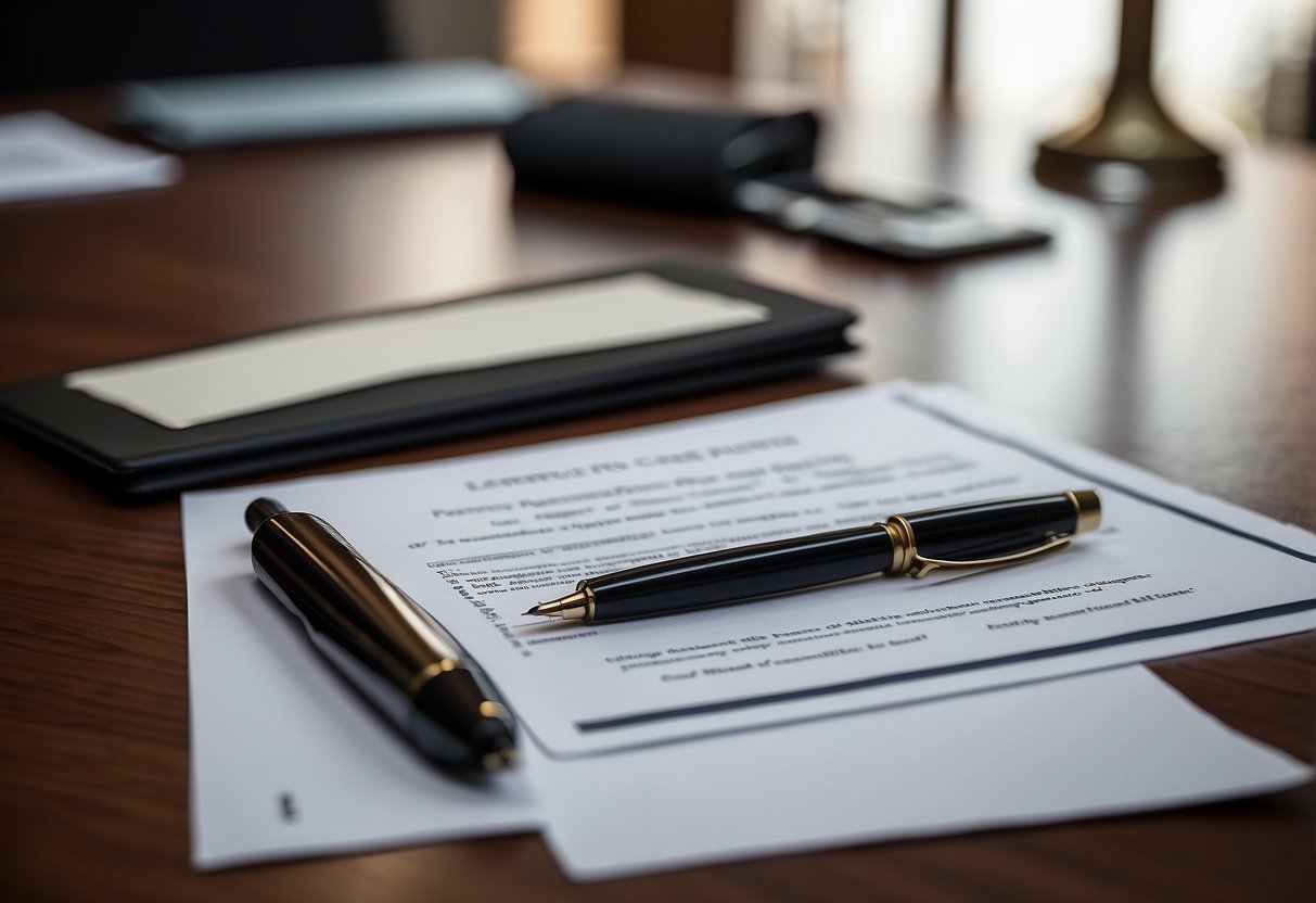 A table with documents, a pen, and a signature stamp, representing the execution of contractual obligations under article 20 of the public procurement contract