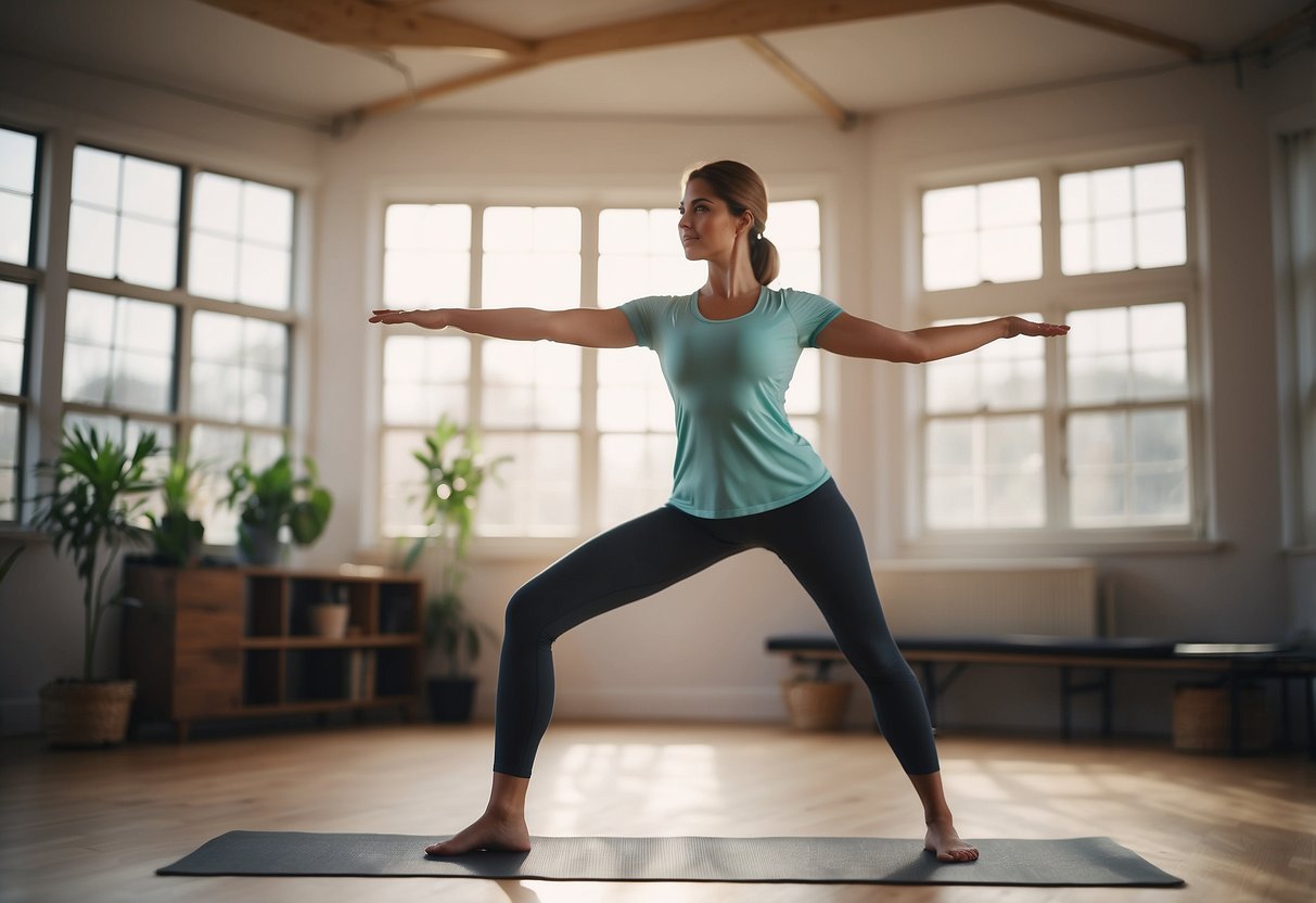 A figure standing on one leg, arms extended, holding a yoga pose. Heart rate monitor in the background