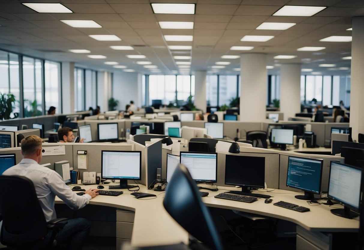 A busy office with paperwork, computers, and people interacting