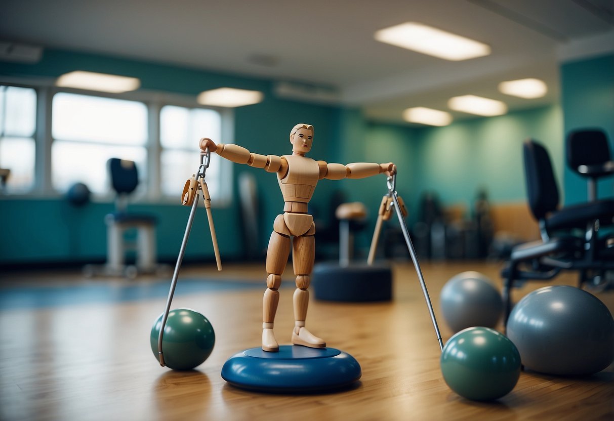 A figure balances on one leg, arms outstretched, holding a position of strength and stability. Surrounding them are various objects representing physical therapy equipment and tools for post-injury recovery