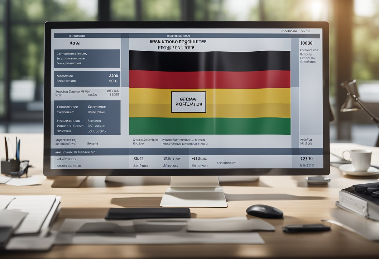 AIFM regulations displayed on a digital screen with German flag in the background. Compliance documents and guidelines arranged neatly on a desk