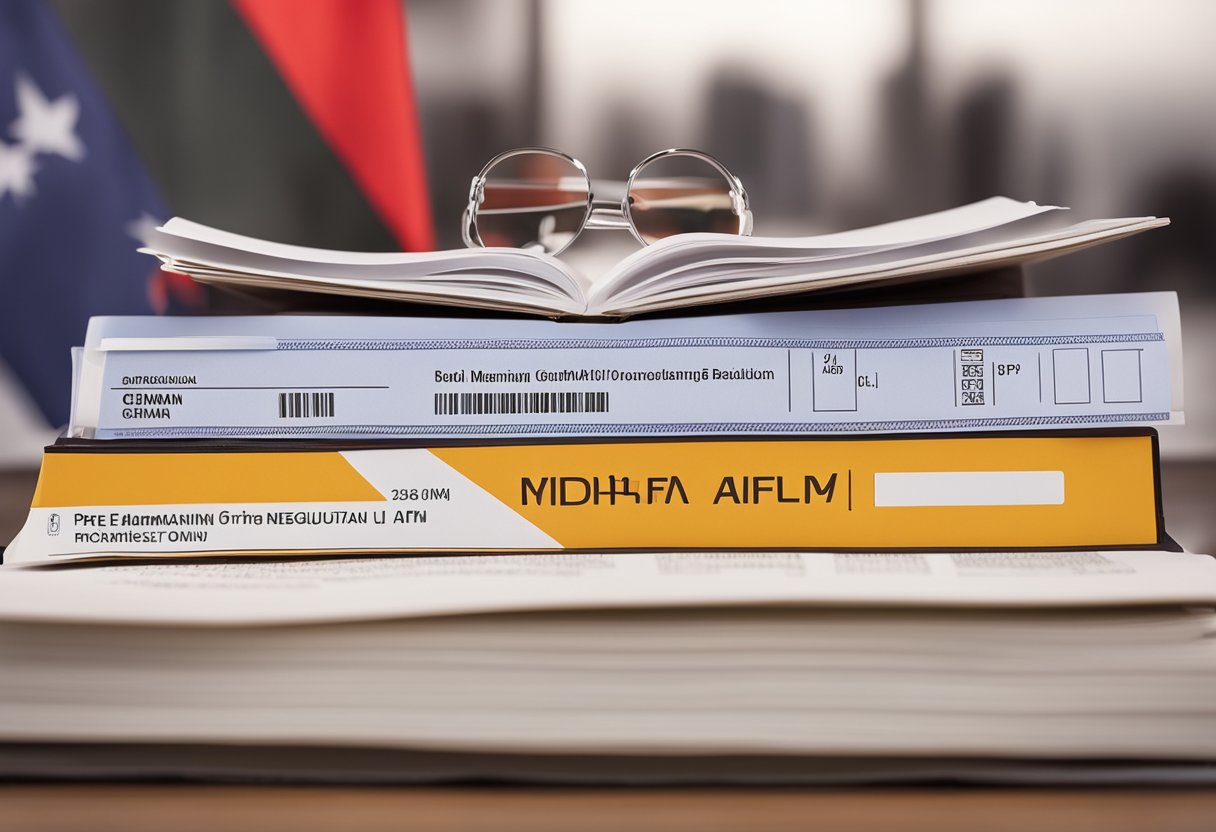 A stack of legal documents with "Pre-Marketing Regulations for AIFM" printed on the cover, surrounded by a German flag and a scale symbol