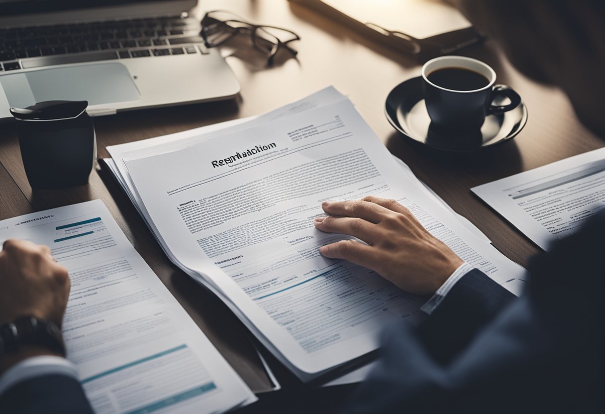 AIFM in Germany: A person reading and analyzing pre-marketing regulations. Documents and legal texts spread out on a desk