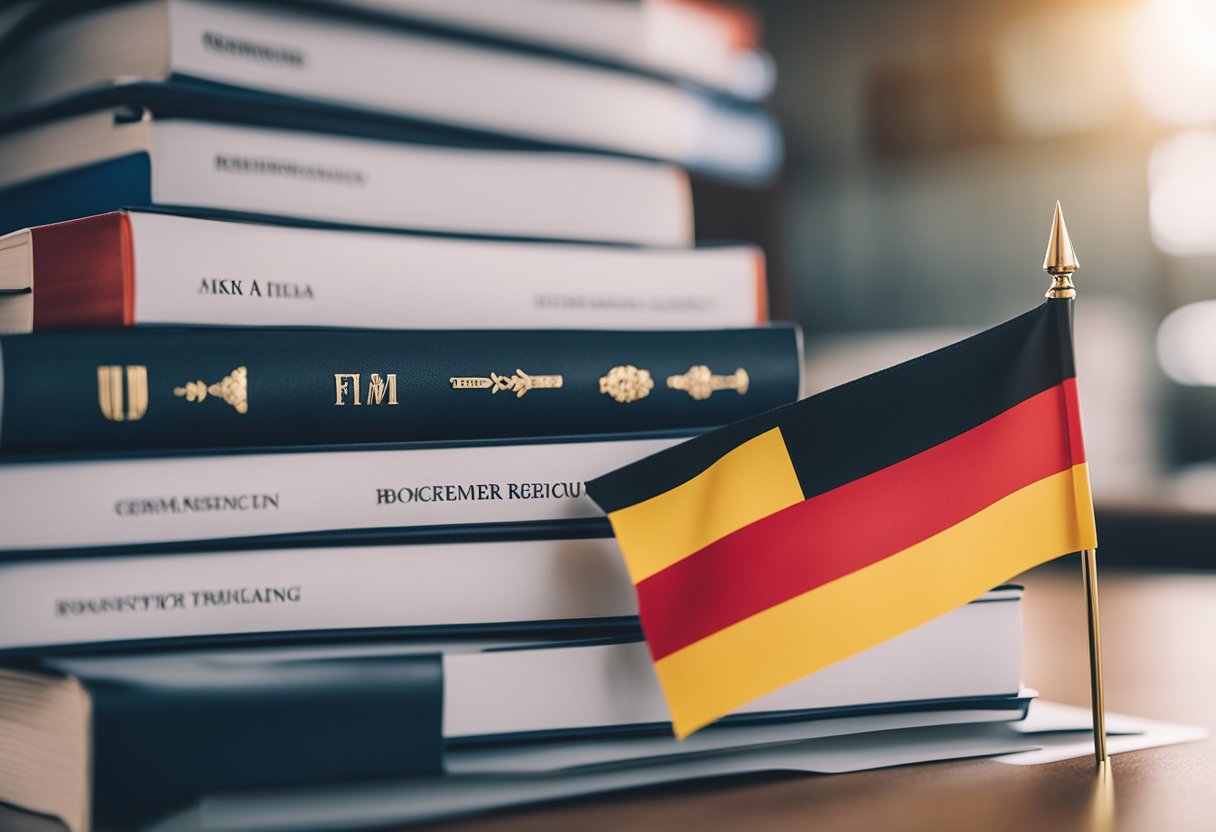 A stack of legal documents on a desk, with a German flag in the background, representing the regulatory framework for AIFMs and pre-marketing regulations in Germany
