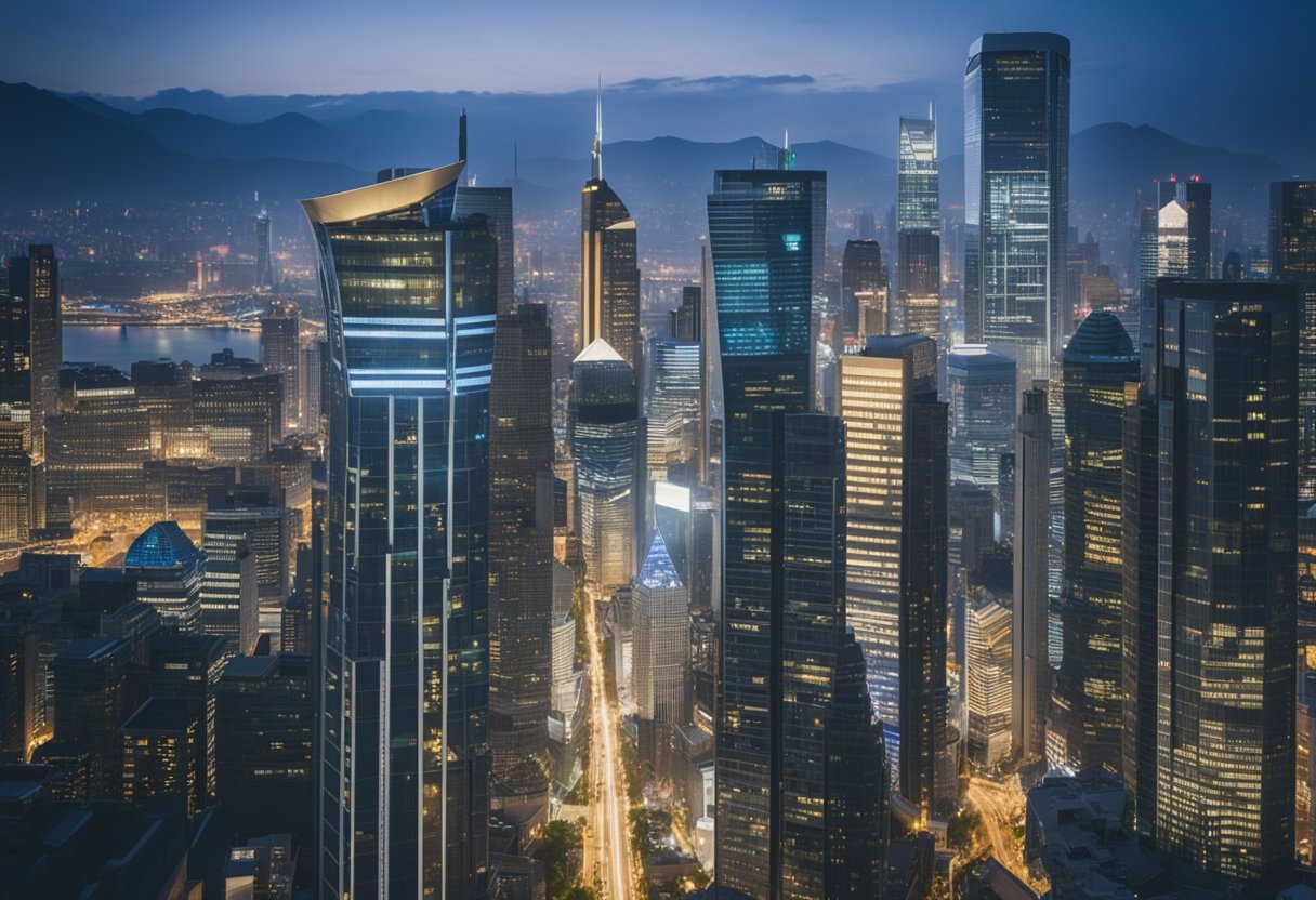 A bustling city skyline with financial buildings and international flags, symbolizing cross-border business opportunities in asset management
