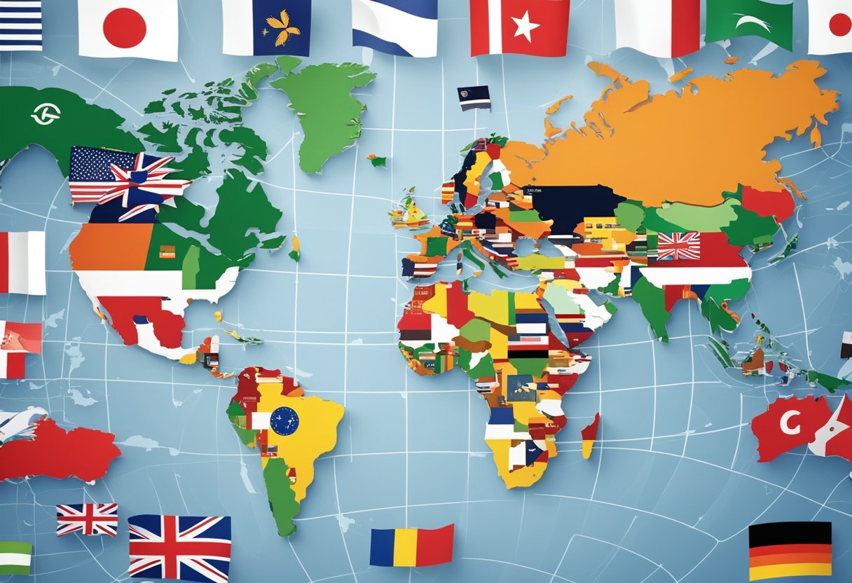 A map with various international flags representing different regulatory environments, surrounded by financial charts and graphs