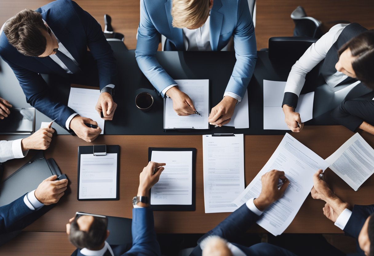 A group of international business professionals gather around a table, exchanging ideas and signing contracts for cross-border asset management opportunities