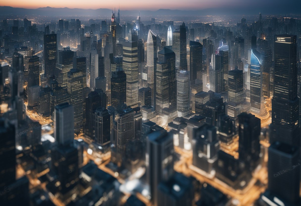 A bustling cityscape with skyscrapers and financial institutions, featuring a global network of connections and transactions in the asset management industry