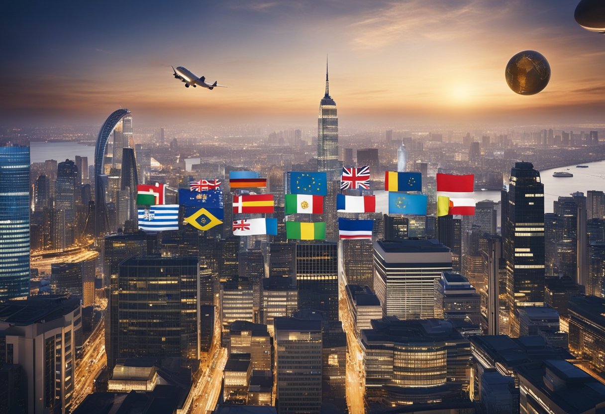A bustling city skyline with international flags, financial charts, and a globe, representing global investment and cross-border business opportunities in asset management