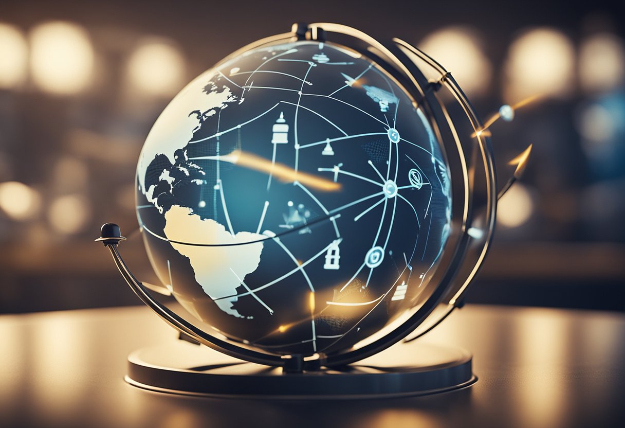 A globe surrounded by interconnected arrows, representing cross-border business opportunities in asset management