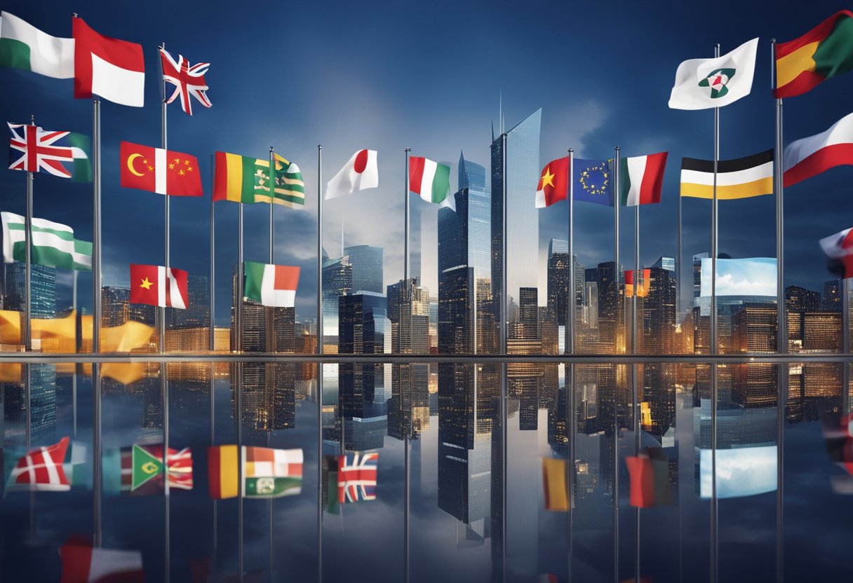 A bustling city skyline with international flags and financial symbols, surrounded by a border checkpoint and a group of professionals engaged in cross-border business discussions