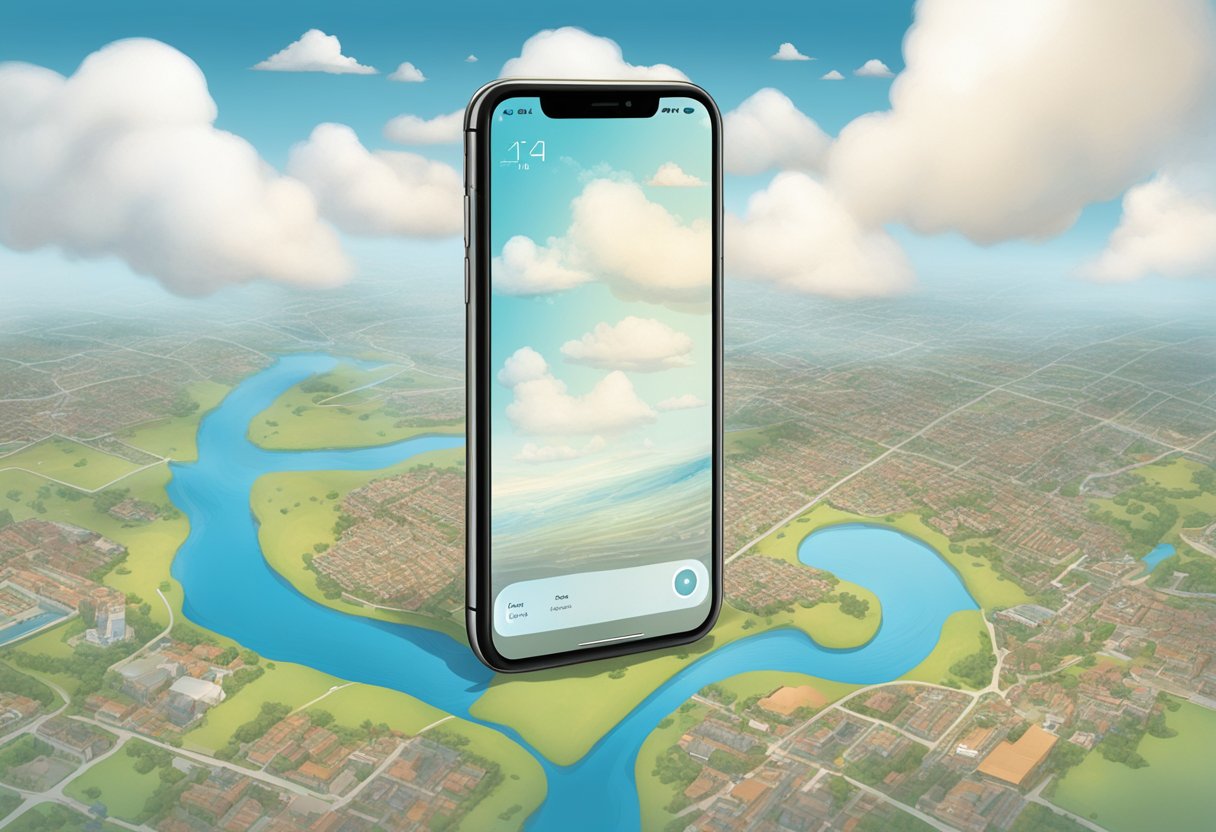 An iPhone floats in a cloud-filled sky, its location pinpointed on a map below