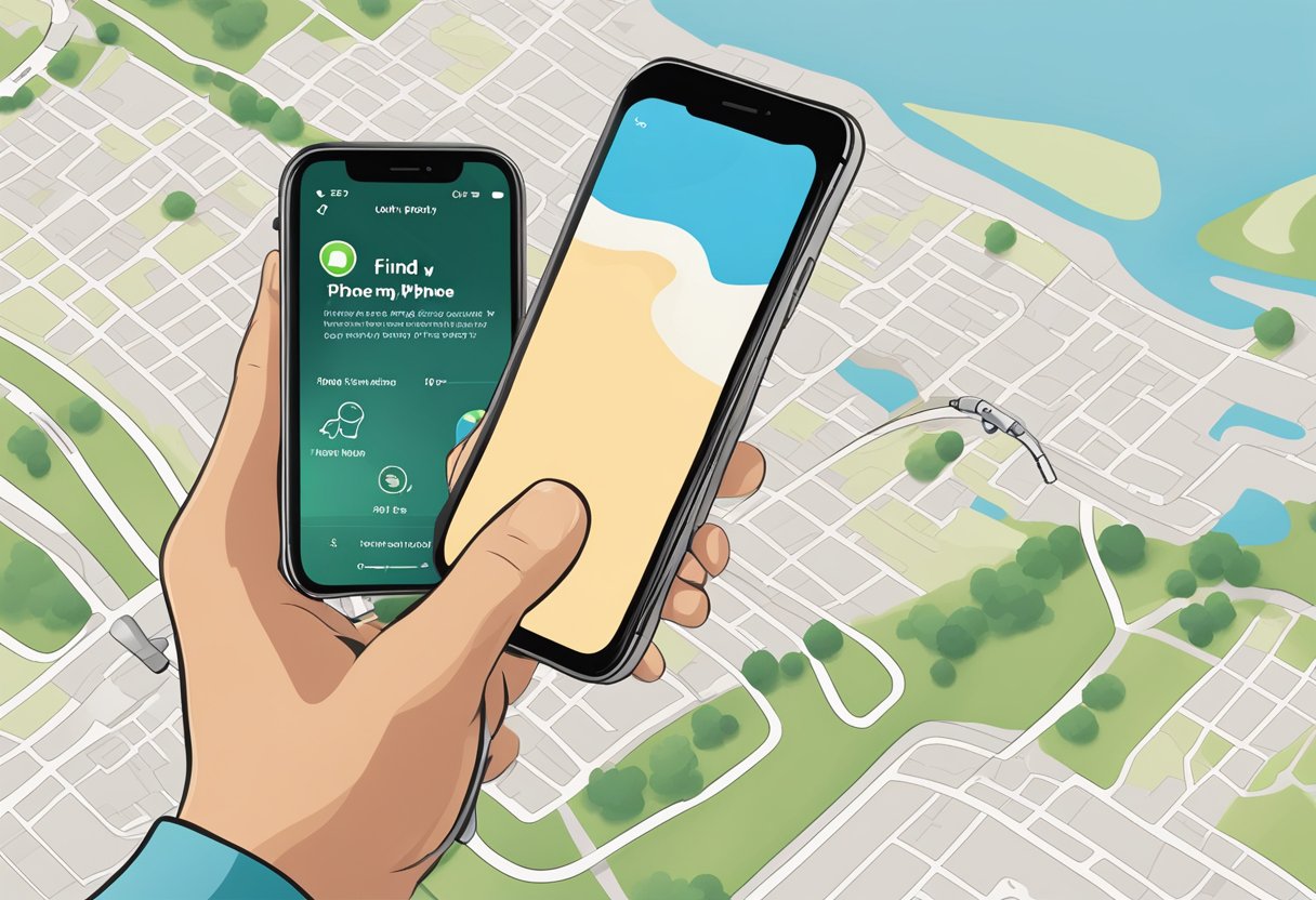 A hand holding an iPhone, with the 'Find My iPhone' app open on the screen, showing the map locating the device