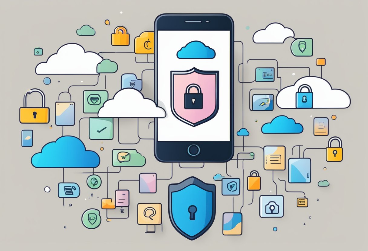 A smartphone with a lock icon and a shield symbol, surrounded by a cloud with the words "Privacy and Security" and "iCloud Find My iPhone"