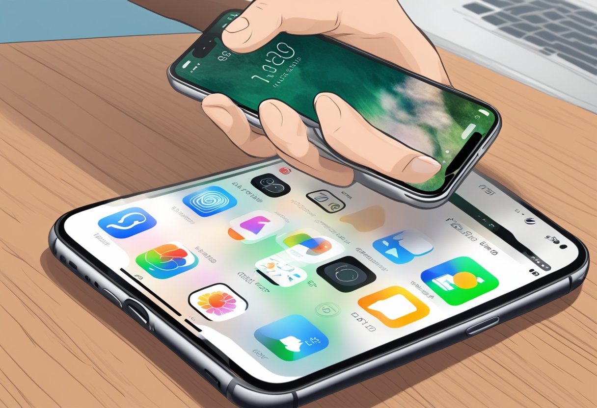 An iPhone resting on a table, with a hand reaching out to press the "Find My iPhone" button on the screen. The iCloud logo is visible in the background