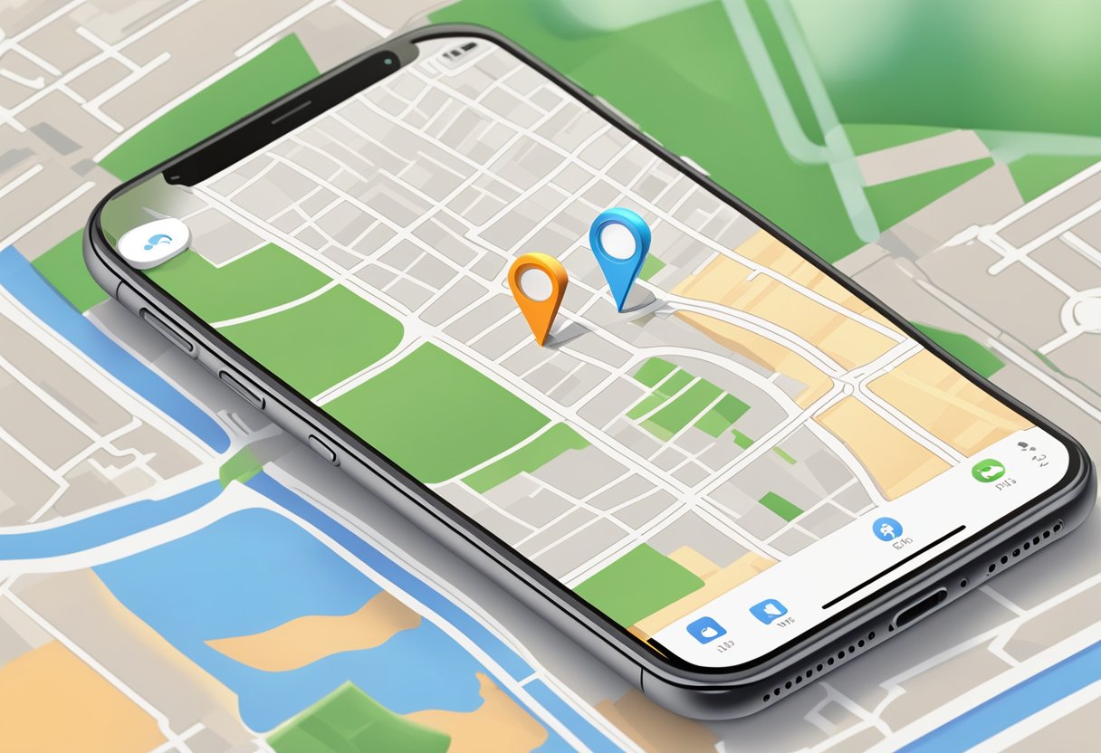 A smartphone with the "Find My iPhone" app open, displaying a map with a pinpoint location and the iCloud logo in the background