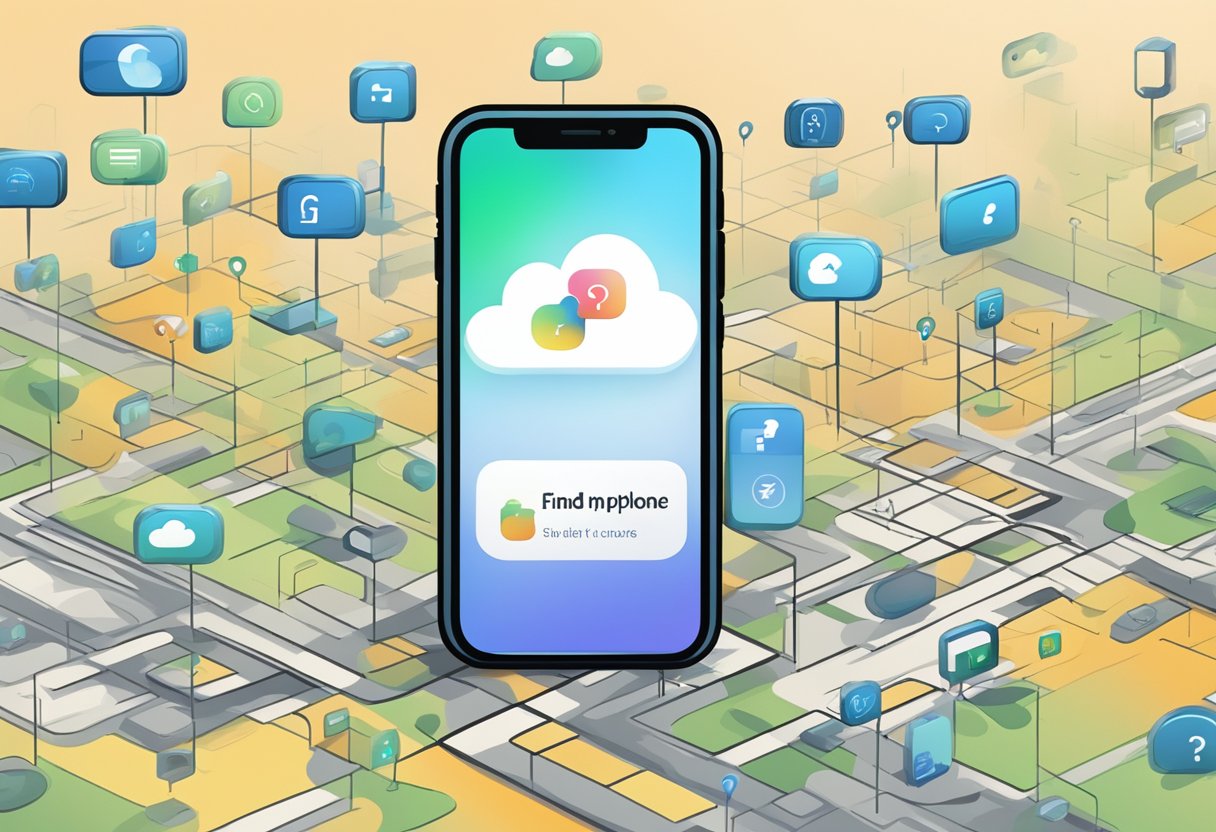 An iPhone with the iCloud "Find My iPhone" interface displayed on the screen, surrounded by question marks and a sense of curiosity