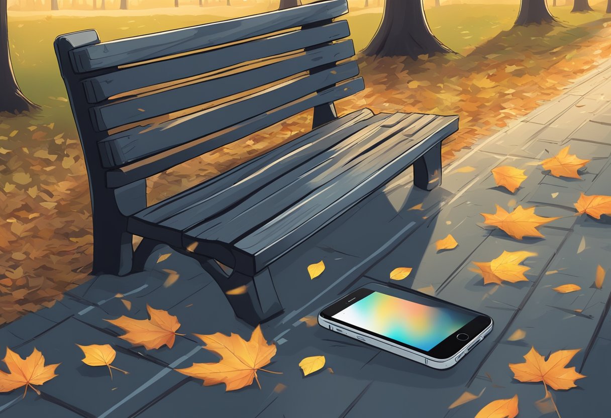 An iPhone lies abandoned on a park bench, its screen cracked and illuminated with a "lost" message. Surrounding it are scattered leaves and a faint trail of footprints leading away