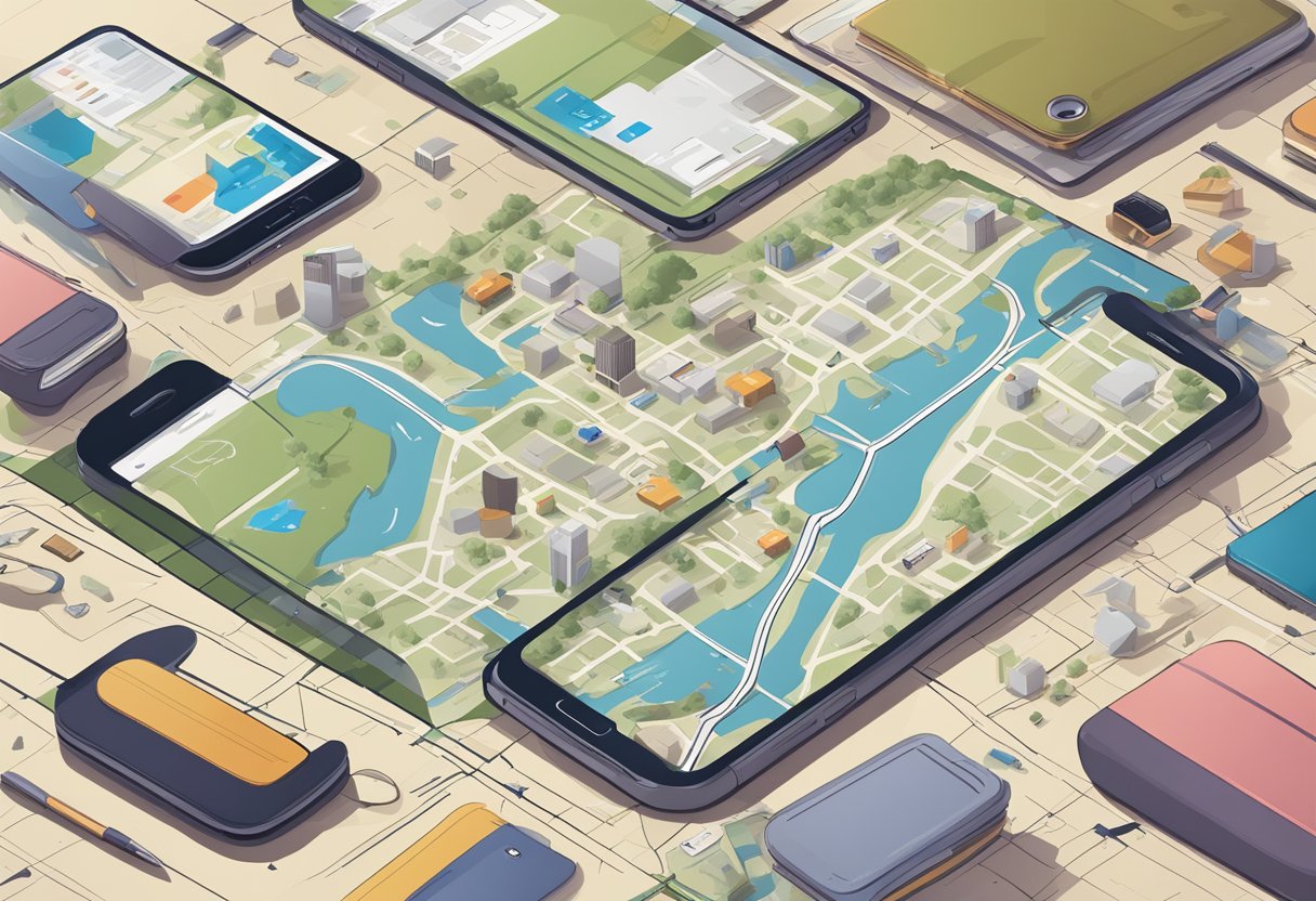 An iPhone lying on the ground, surrounded by scattered personal belongings and a map on the screen showing the location of the lost device