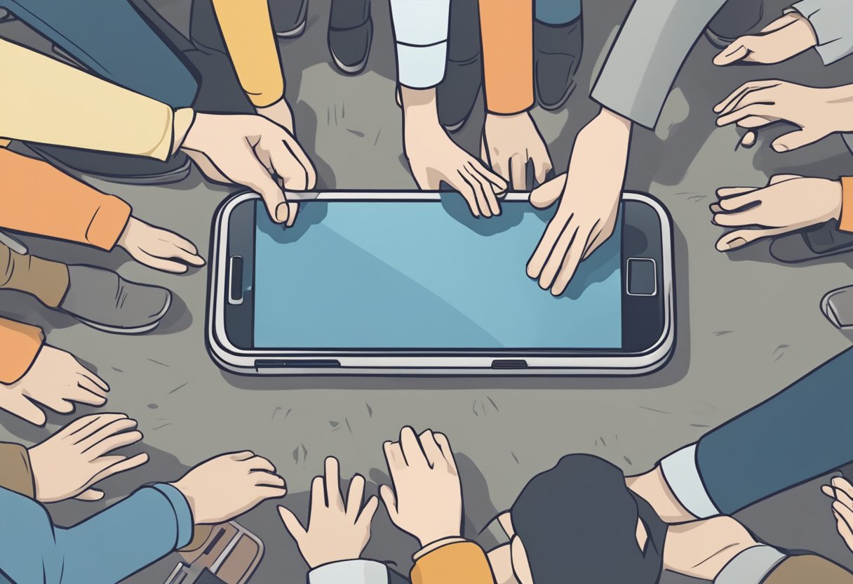 A phone lying on the ground, surrounded by concerned onlookers. A hand reaching down to pick it up