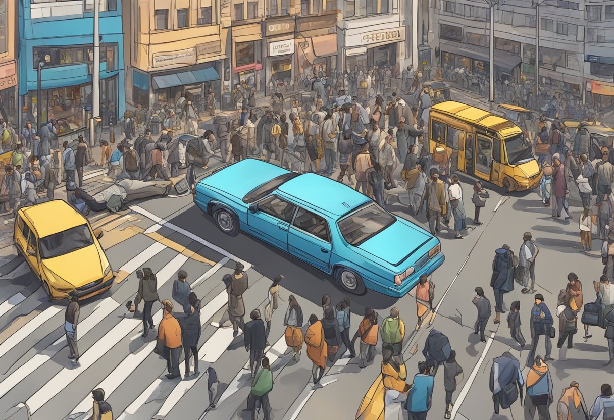 An iPhone lies abandoned on a busy city street, surrounded by bustling pedestrians and vehicles