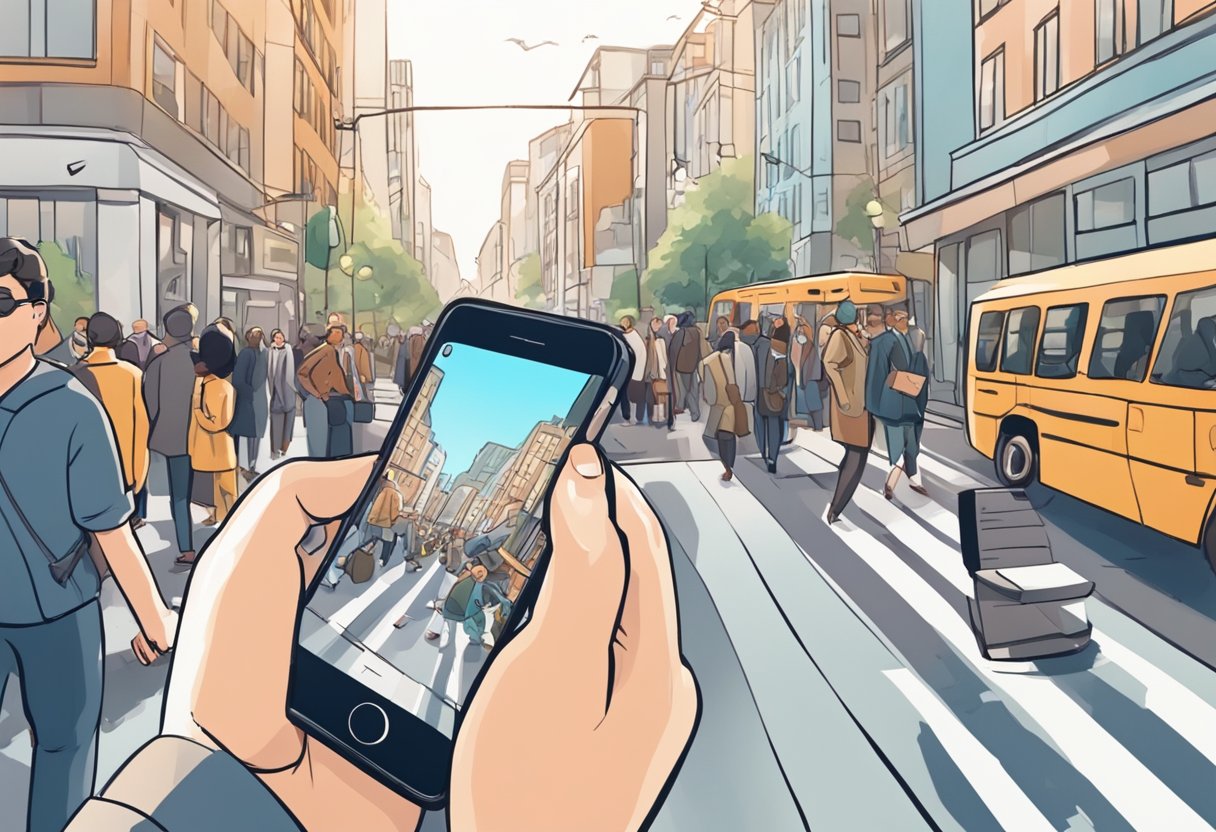 An iPhone lies on a busy city street, surrounded by bustling pedestrians. A passerby spots the phone and picks it up, looking around for its owner